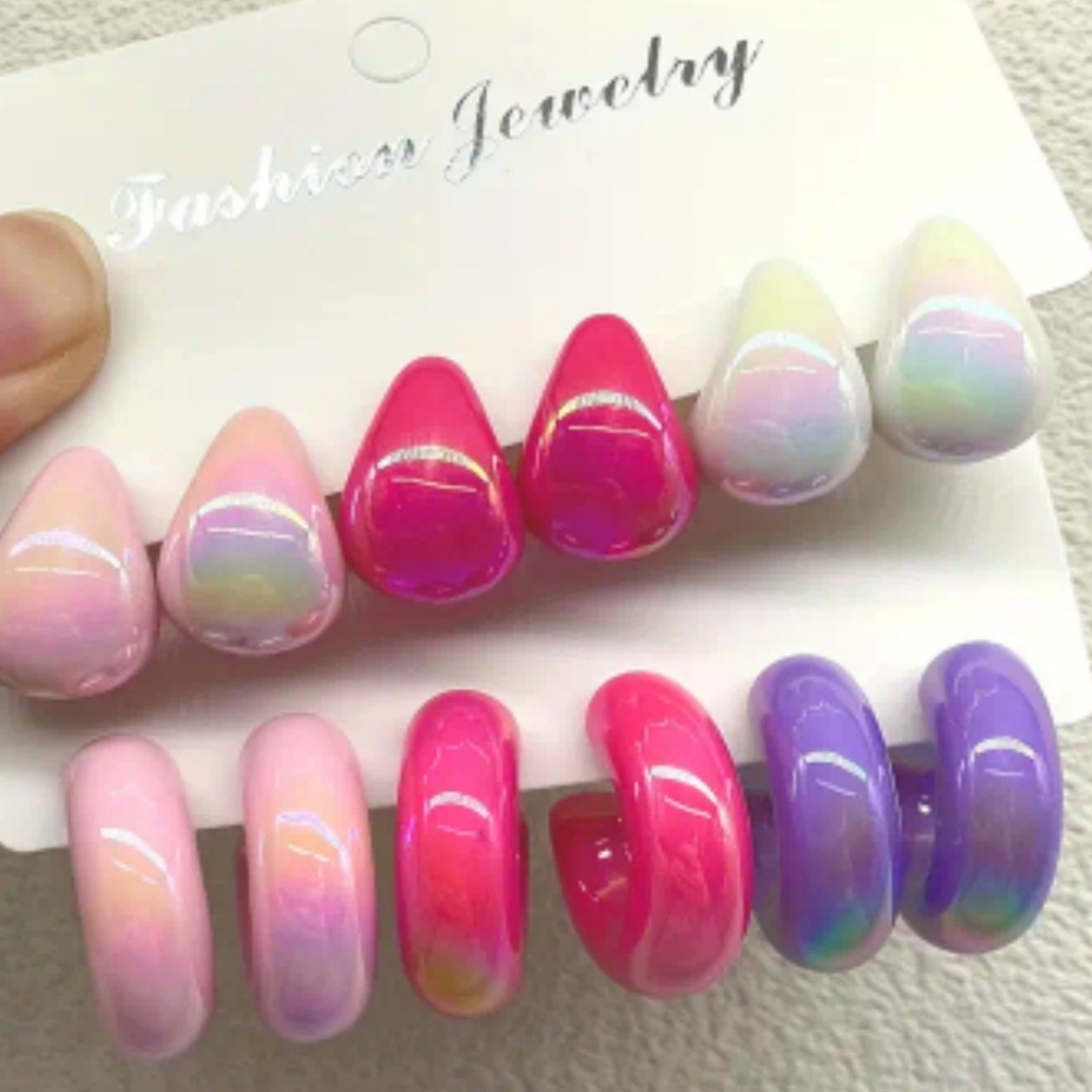 #11 6prs Colorful Macaron Earrings Chic C-Shape & Teardrops Stainless Steel Post - Picture 4 of 5